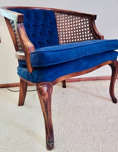 lot 122 image: Vintage Hollywood Regency Cane Chair with Blue Velvet Upholstery
