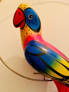 lot 254 image: Large - Hanging Parrot Brightly Painted from Mexico - Vintage 1970s - Metal Hoop Perch