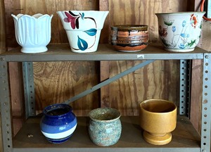 lot 110C image: Metal Storage Shelf with Planters and Pots