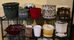 lot 339 image: Metal Shelf with Plethora of Planters