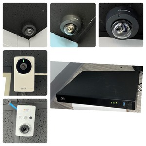 Security System 2 Axis white box cameras, 3 black alarm.com dome cameras, as well as Alarm.com CSVR2008 SVR