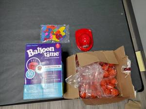 Mini basketballs, balloons, helium kit, and plastic fire fighter helmets