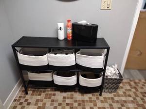 Metal storage shelf, (6) fabric storage bins (contents not included) Round wall mirror, Trash basket