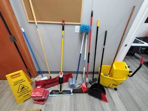 Commercial Janitorial supplies Craftsman Push Broom, Rubbermaid Spray Mop
