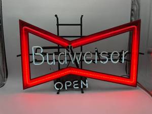 lot N239 image: Vintage 1980s Budweiser Bowtie Open Neon Beer Sign