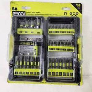 lot 83 image: Lot Of Twelve Ryobi Items New Impact Drive Bit Set AR2039 Magnetic Nut Drivers And More