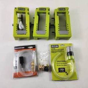 lot 85 image: Lot Of Six Miscellaneous Items 3 Ryobi Hinge Router Templates Bottle Adaptor Detergent Hose