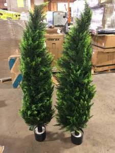 CAPHAUS 5 ft. Green Artificial Cedar Tree, Natural Faux Plants for Outside Planter with Dried Moss, UV Resistant, Set of 2  Customer Returns See Picture