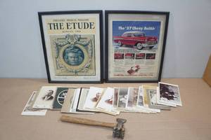 lot 268 image: Assorted Collectables -Vintage Photographs, Meat Mallet, Framed Advertisements