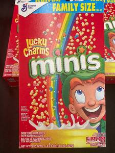 lot 14 image: Lot of 3 Family Size Lucky Charms Minis Cereal Boxes