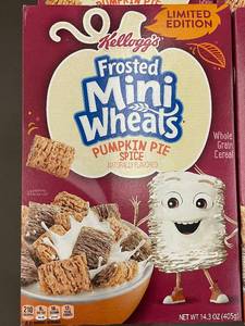 lot 42 image: Kelloggs Frosted Mini-Wheats Pumpkin Pie Spice Cereal - 6 Boxes