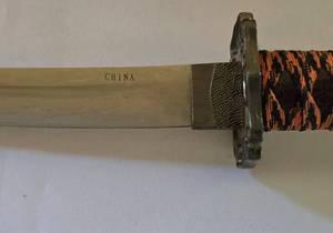 lot 6 image: Trio of Decorative Chinese Swords with Wooden Display Rack