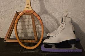 lot 62 image: Vintage Tennis Racket  Womens Ice Skates