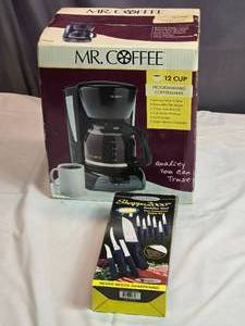 lot 157 image: Mr. Coffee 12-Cup Programmable Coffeemaker & Sharp 2000 Knife Set