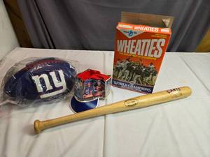 lot 189 image: Minnesota Twins World Series Wheaties, NY Giants Football Hat, SF Giants Bat