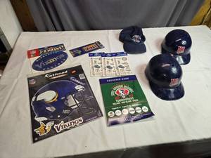 lot 243 image: Minnesota Vikings Magnets and Minnesota Twins Hats and Helmets