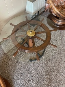 lot 6 image: Nautical-Themed Ship Wheel Glass Top Coffee Table