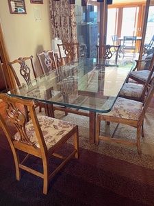 lot 9 image: Vintage Glass Top Dining Table with 8 Chairs