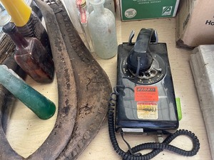 lot 140 image: Vintage Lot With Oxen Yoke Rotary Dial Wall Mount Phone, Bottles and More