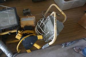 lot 165 image: Lot of Electrical Power Cords, Lights, Miter Angle Gauge and Caulking Gun