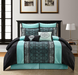 lot 247 image: King Size 8PCS Nanshing  Park Black & Teal Comforter Set, Classic Jacquard Bedding Sets