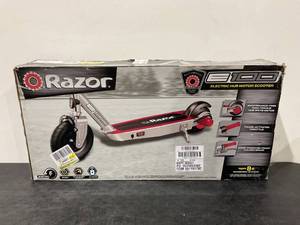 lot 425 image: Razor Black Label E100 Electric Scooter  SilverRed, up to 10 mph, 8 Pneumatic Front Tire