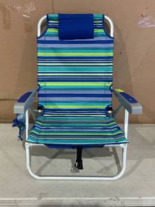 lot 336 image: Mainstays Reclining Beach & Event Lay-Flat Backpack Chair, Blue & Green Stripe