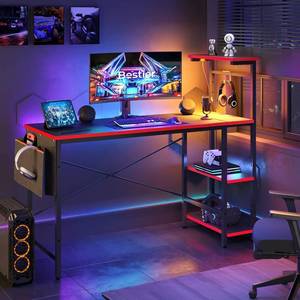 lot 30 image: Bestier Gaming Desk with LED Lights, Computer Desk with 4 Tiers Reversible Shelves,