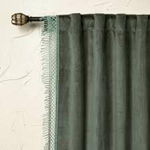 lot 80 image: (Set of 2) 1pc Light Filtering Velvet Macrame Trim Window Curtain Panel - Opalhouse designed with Jungalow-54W x 84L-Teal