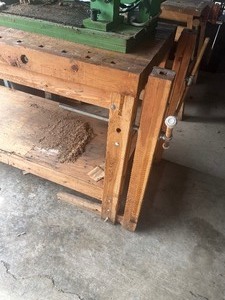 lot 57 image: Big wood working bench  with vises and wood homemade turning lathe   nice setup