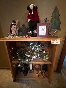 lot 153 image: Level 4 - Assortment of Holiday Decor with Wooden Display Shelf