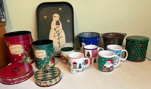 lot 156 image: Level 4 - Assorted Holiday-Themed Tin Containers and Mugs