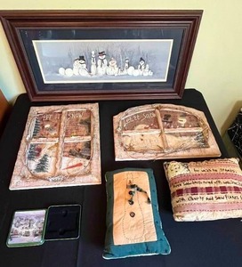 lot 173 image: Level 4 - Winter-Themed Decor Lot Snowman Artwork, Cushions, Wall Art and Tin Boxes