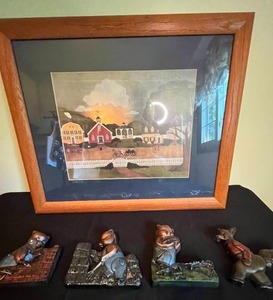 lot 175 image: Level 4 - Framed Artwork Signed by Artist Barbara A. Palmer & Four Cast Iron Wall Hooks