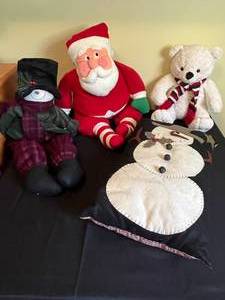 lot 176 image: Level 4 - Christmas Decorations Lot - Santa, Snowman, Plush Bear, and Pillows