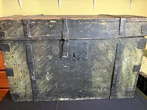 lot 177 image: Level 4 - Antique Wooden Storage Chest with Metal Accents and VTG Newspapers Inside