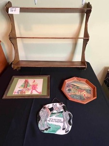 lot 182 image: Level 4 - Vintage Wooden Shelf, Decorative Plates, and Framed Artwork Lot