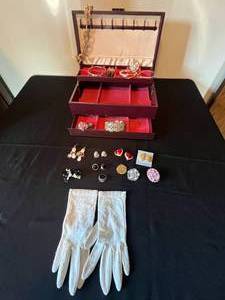 lot 353 image: Level 4 - Vintage Jewelry Collection with Embellished Gloves in Ornate Jewelry Box
