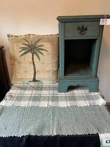 lot 381 image: Level 4 - Lot of Blue Wooden Nightstand, Palm Tree Design Throw Pillow & Cotton Accent Rug