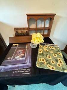 lot 383 image: Level 4 - Assorted Home Decor Lot with Wooden Shelf, Poster, and Table Runner