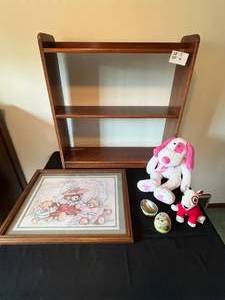 lot 384 image: Level 4 - Wooden Wall Shelf with Framed Teddy Bear Artwork and Plush Toys