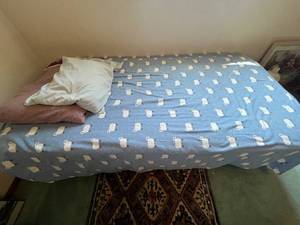 lot 389 image: Level 4 - Twin Bed Frame with Mattress and Sheep Print Bedspread