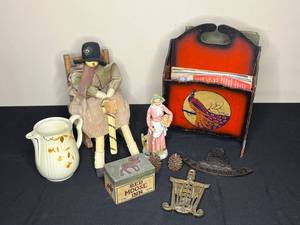lot 84 image: Level 3 - Vintage Decor Lot with Snowman Doll, Jug, Figurine and Magazine Holder