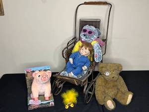 lot 86 image: Level 3 - Vintage Toys and Collectibles Lot Including Stuffed Animals, Doll, and Metal Wagon