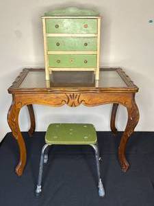 lot 101 image: Level 3  - Vintage Carved Wooden Table, Green Miniature Dresser, and Green Metal Stool