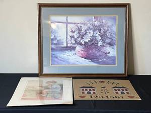 lot 106 image: Level 3 - Lot of 3 Framed Prints - Floral Still Life, Thank You God by Bessie Pease Gutmann, and Folk Art