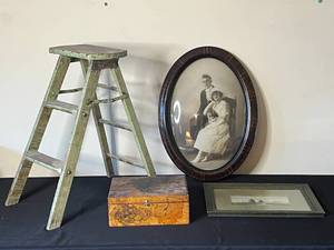 lot 110 image: Level 3 - Vintage Lot Wooden Ladder, Framed Art, and Decorative Box