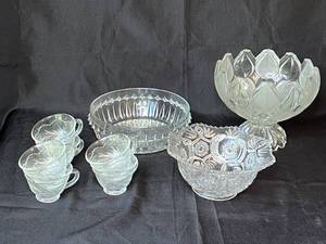 lot 123 image: Level 3 - Vintage Pressed Glass Punch Bowl Set with Serving Bowls and Tea Cups