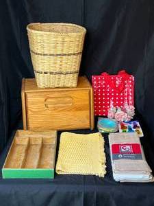 lot 133 image: Level 3 - Assorted Household Items Wicker Basket, Wooden Box, and More