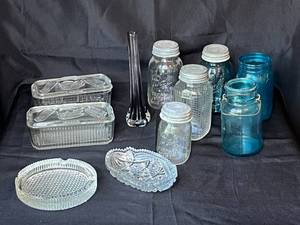 lot 140 image: Level 3 - Vintage Glassware Collection - Butter Dishes, Mason Jars, and More